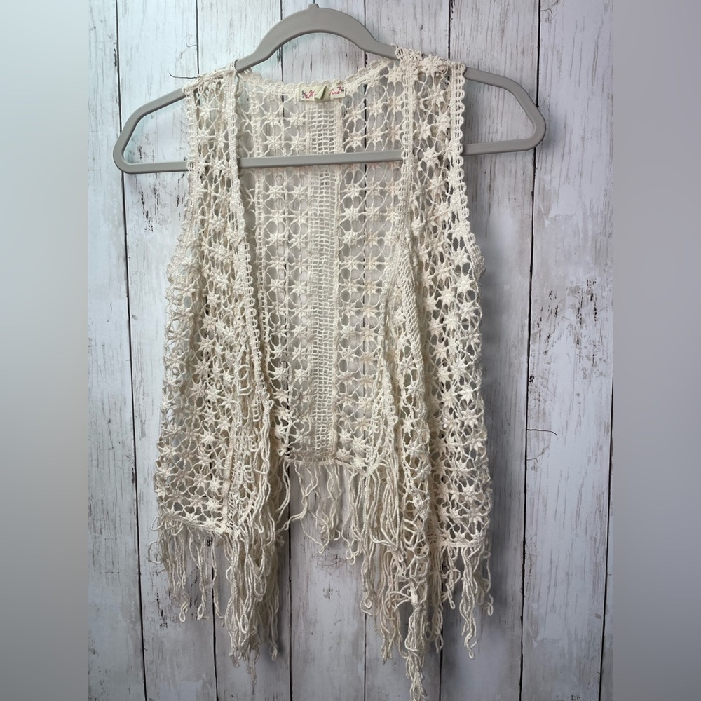 It's Our Time Ivory Crochet Vest with Fringe size XS